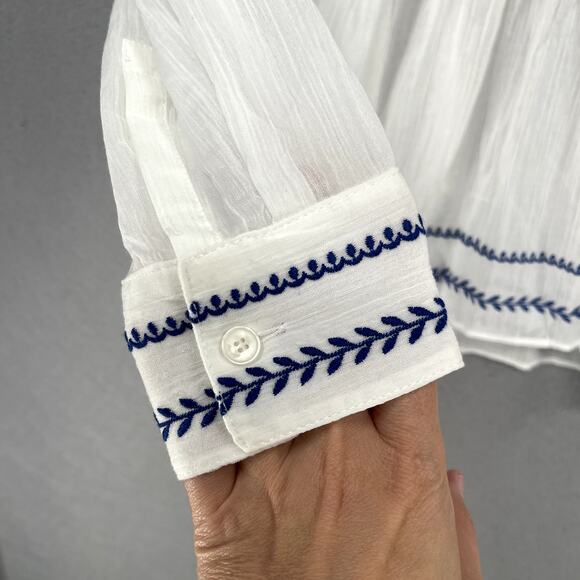 Derek Lam 10 Crosby Blouse Sz 4 White Blue Ailani Embroidered Sheer Coastal Chic - Picture 5 of 9